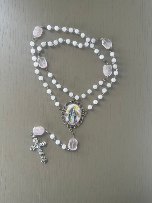 rosary beads - handmade moonstones & rose quartz       large