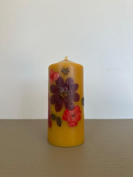 flower pillar candle -                    beeswax & pressed flowers                          medium