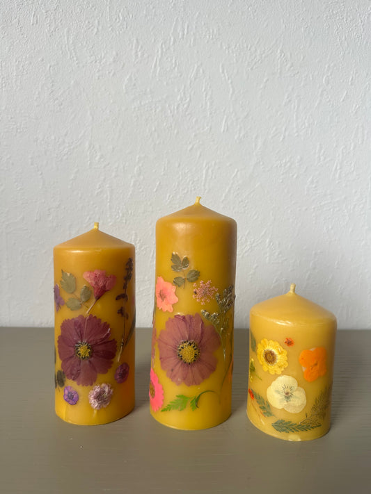 flower pillar candle -                    beeswax & pressed flowers                          small