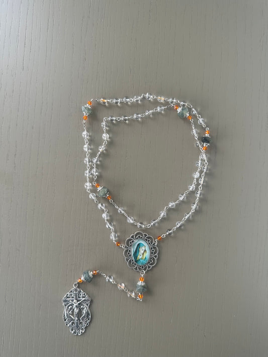 handmade Rosary Beads -      clear quartz & aventurine crystal
