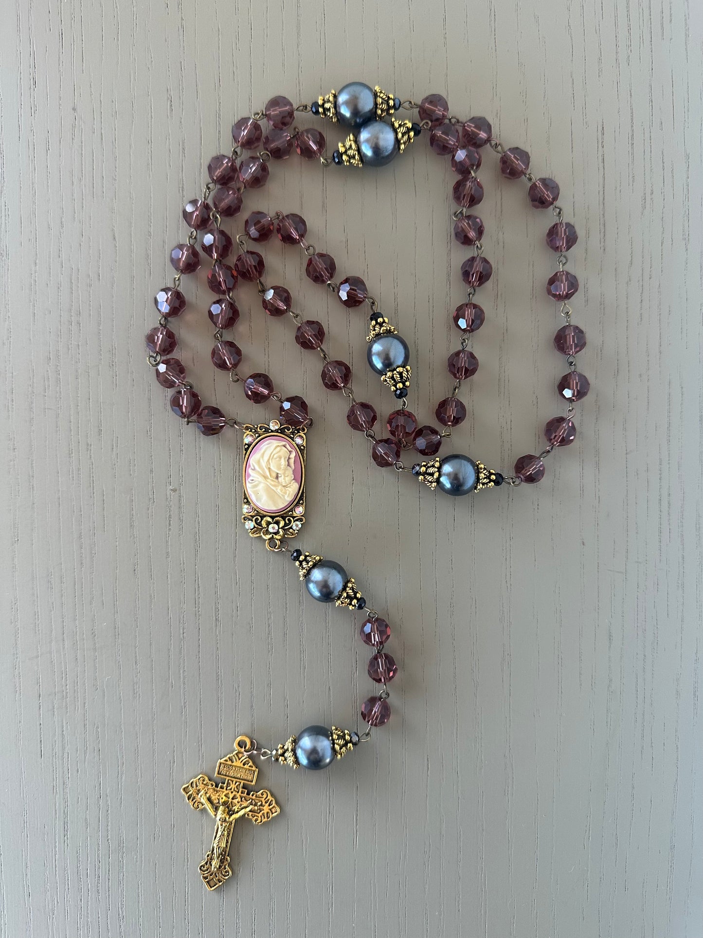 rosary beads - large handmade     czech glass & black pearl