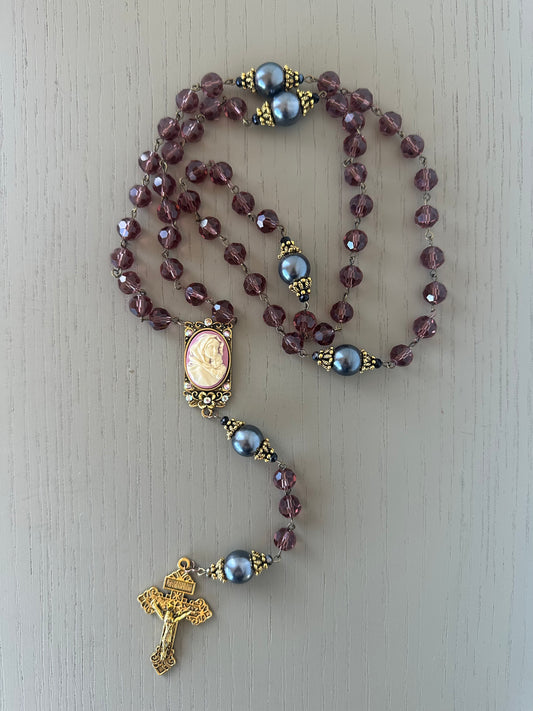 rosary beads - large handmade     czech glass & black pearl