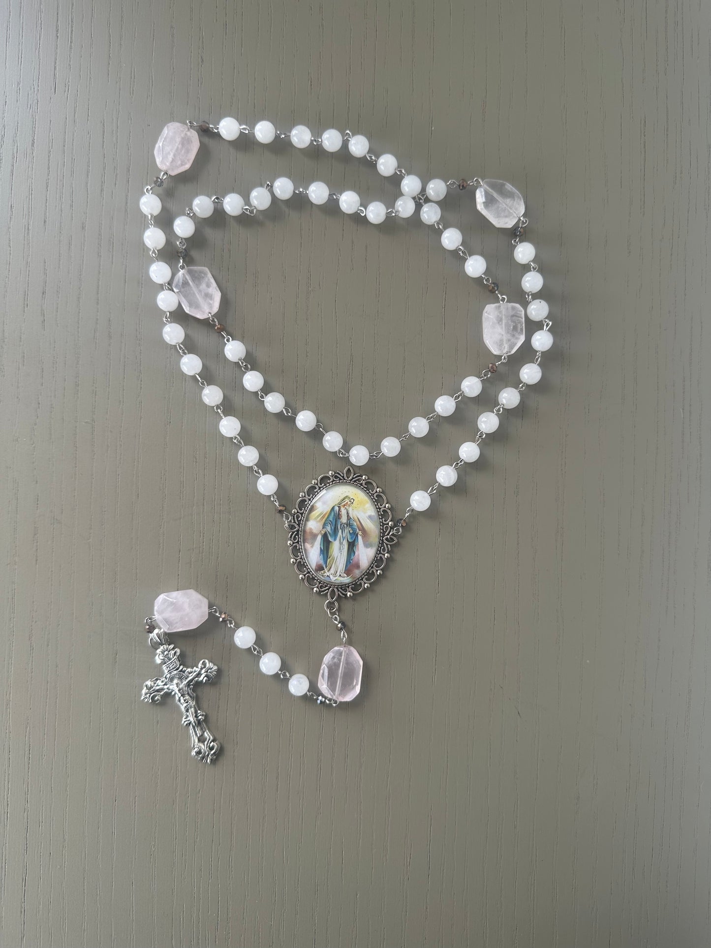 handmade Rosary Beads -            moonstones & rose quartz       large