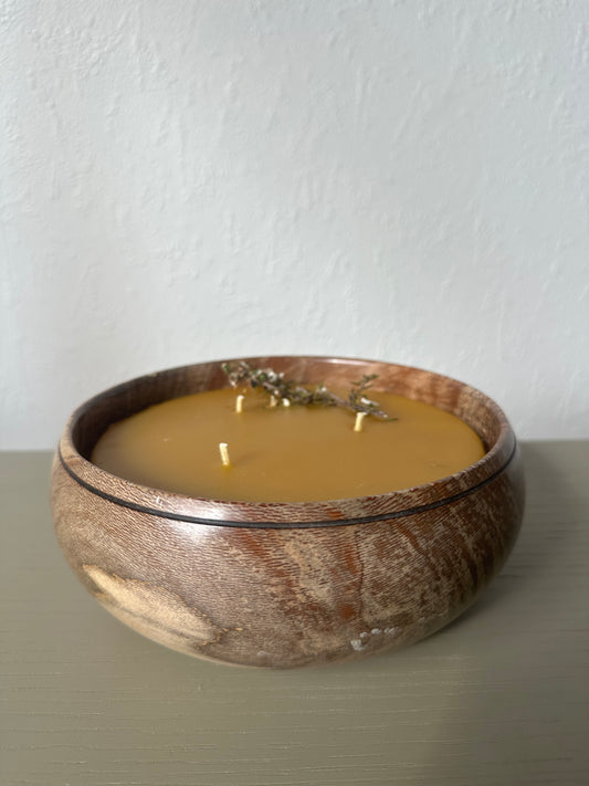 beeswax candle -                      handcrafted wooden bowl