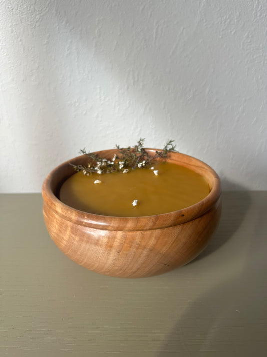 beeswax candle -                     handcrafted wooden bowl